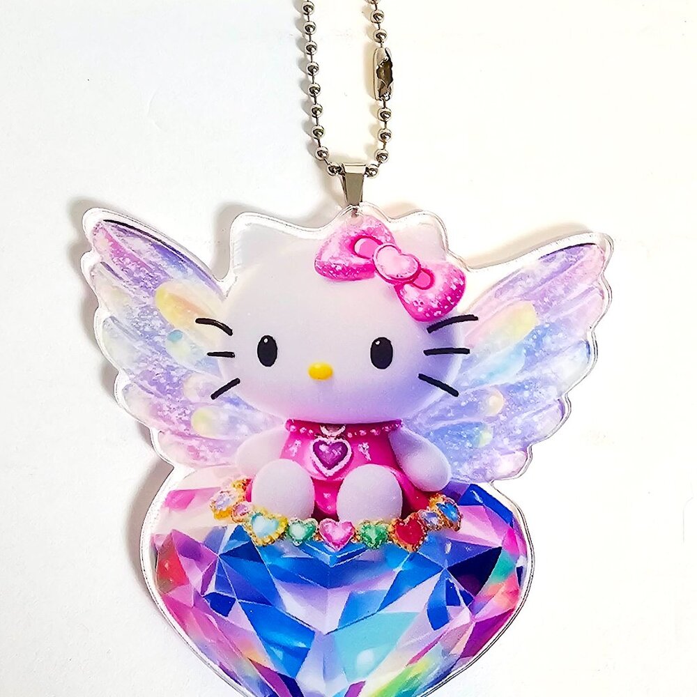 Hello Kitty Angel Wings Keychain Rainbow Heart Gem Kawaii 2D Acrylic Charm Cute